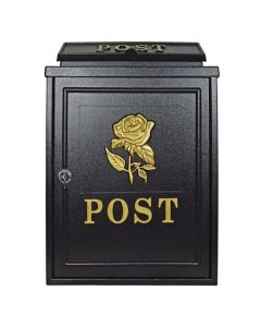 Post Box Black with Gold Rose (Wall Mounted)